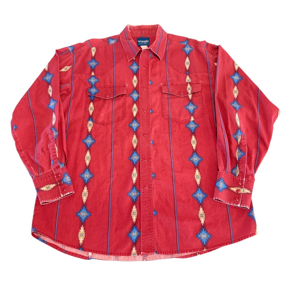 Wrangler Western Shirts Mens XL Red Southwestern Aztec Diamond Button Up Vintage